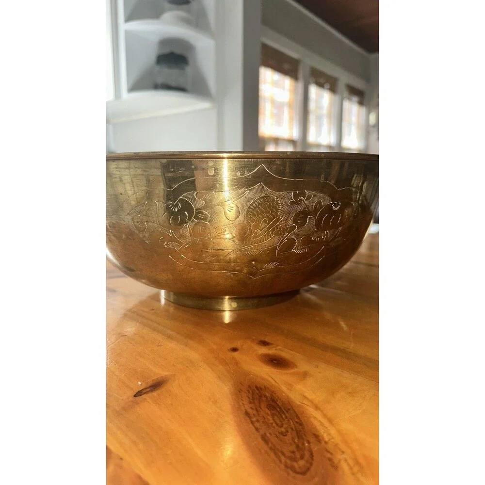 Large Vintage Asian Carved Brass Bowl Engraved Floral Birds